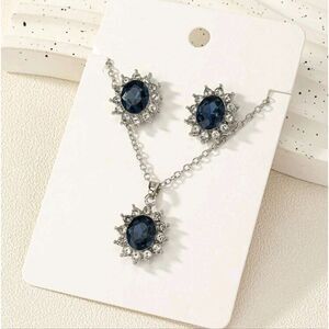 Blue Diamond Cushion Earrings & Necklace Set